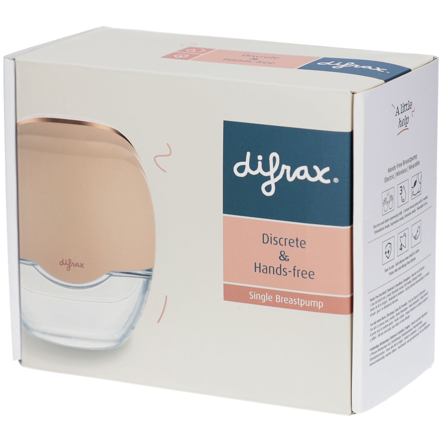 Boîte de tire-lait. Marque Difrax, mains libres et discret. Appareil rose doré dans une boîte blanche.