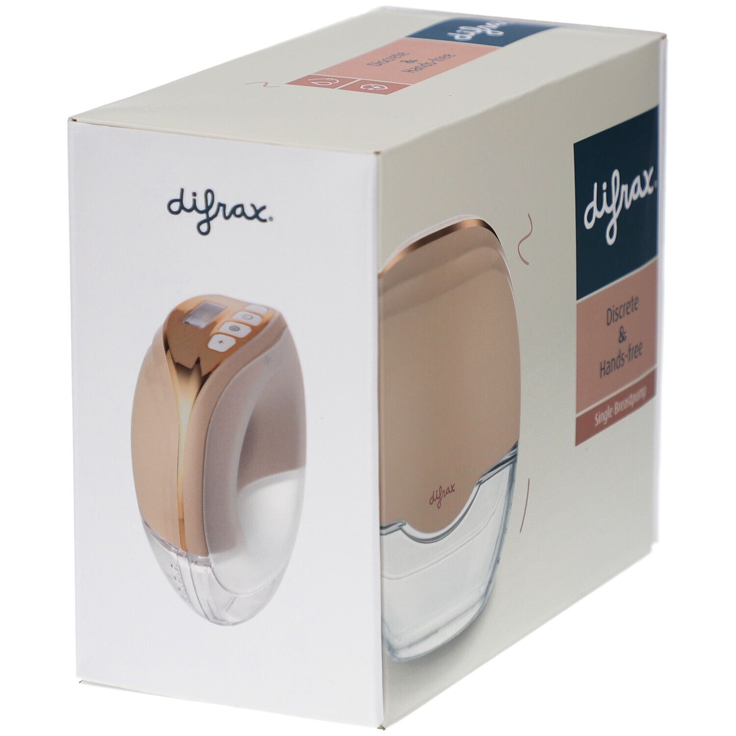 Boîte de tire-lait. Marque Difrax, mains libres et discret. Appareil rose doré dans une boîte blanche.