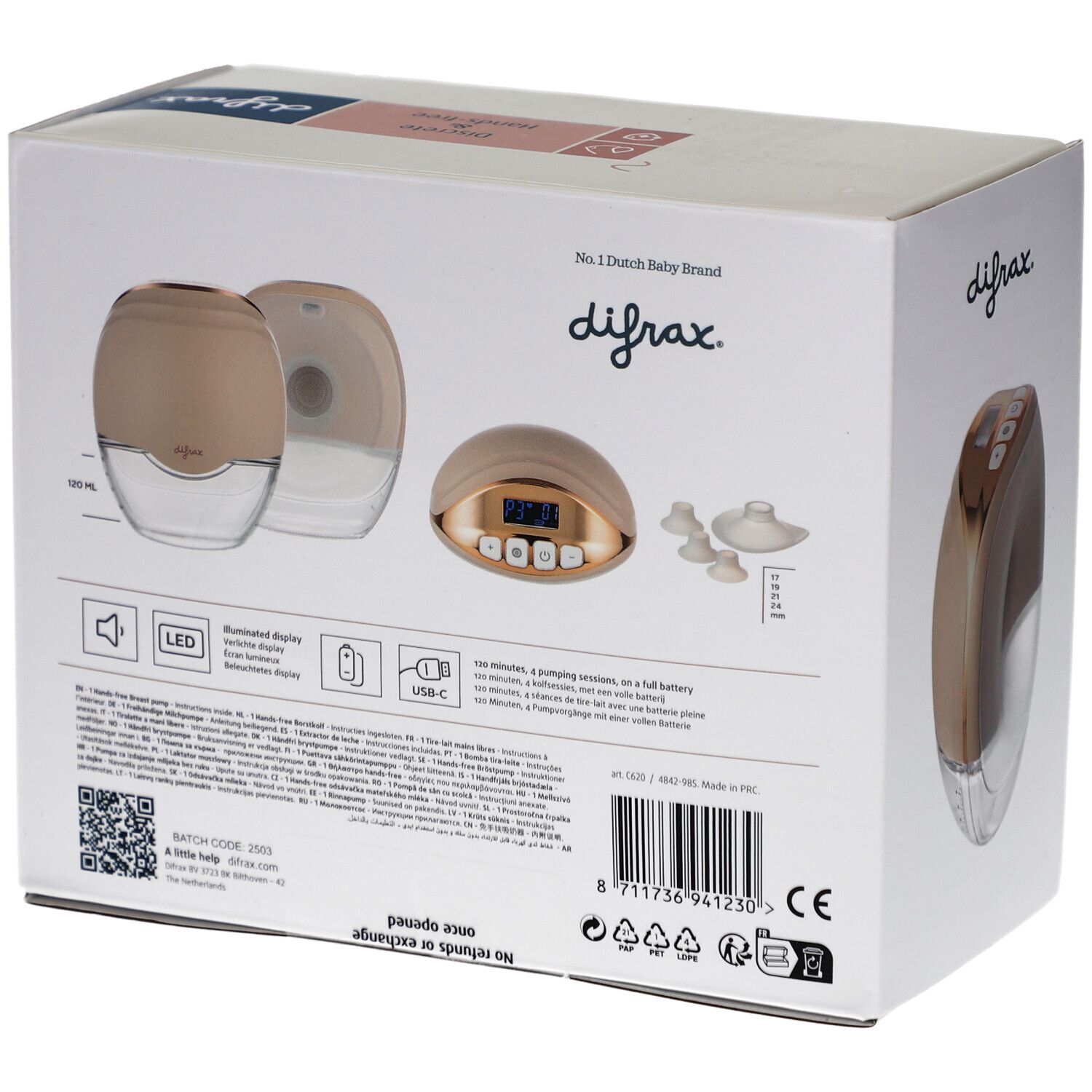 Dos de la boîte de tire-lait. Marque Difrax, mains libres. Illustrations du produit et accessoires.