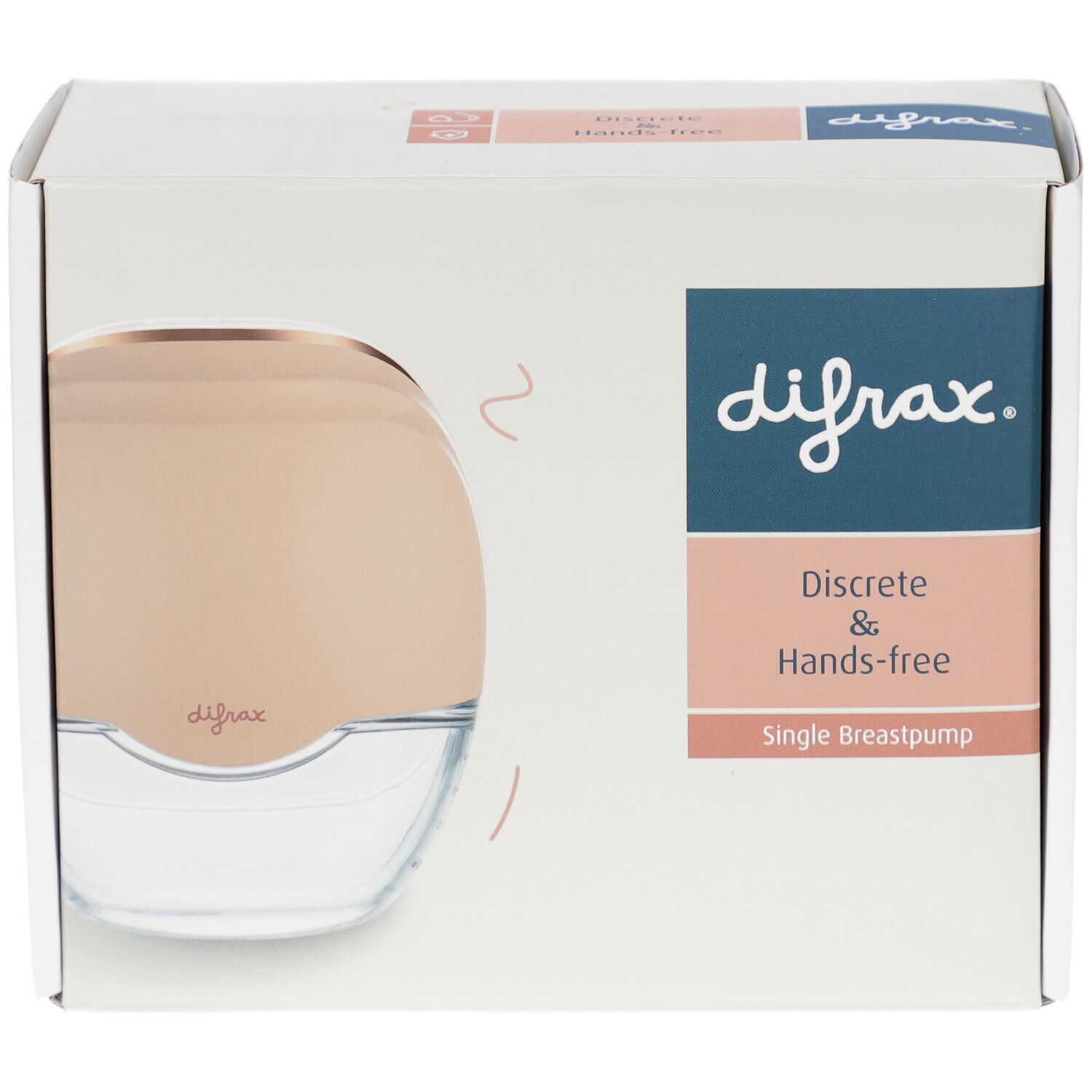 Boîte de tire-lait. Marque Difrax, mains libres et discret. Appareil rose doré dans une boîte blanche.