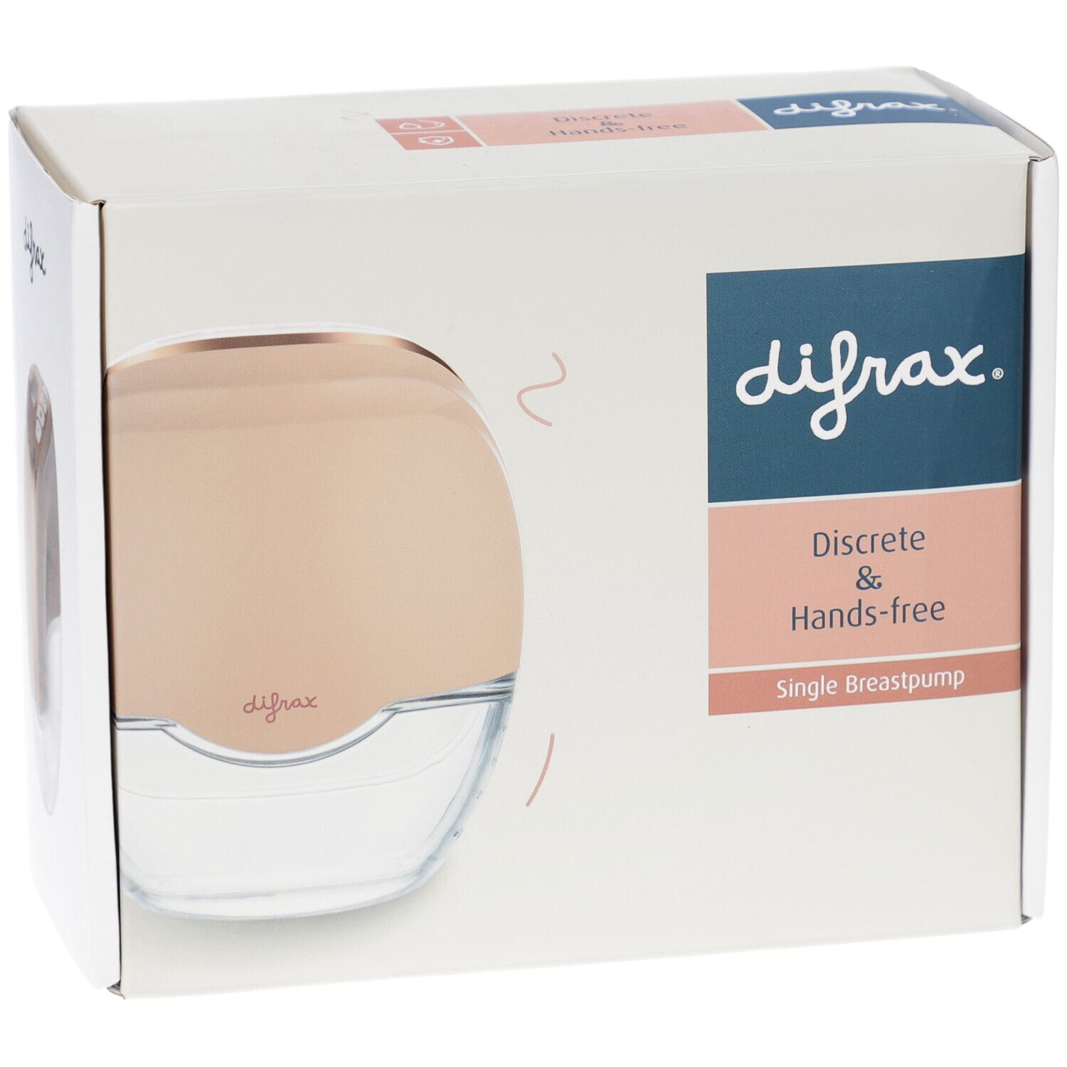 Boîte de tire-lait. Marque Difrax, mains libres et discret. Appareil rose doré dans une boîte blanche.