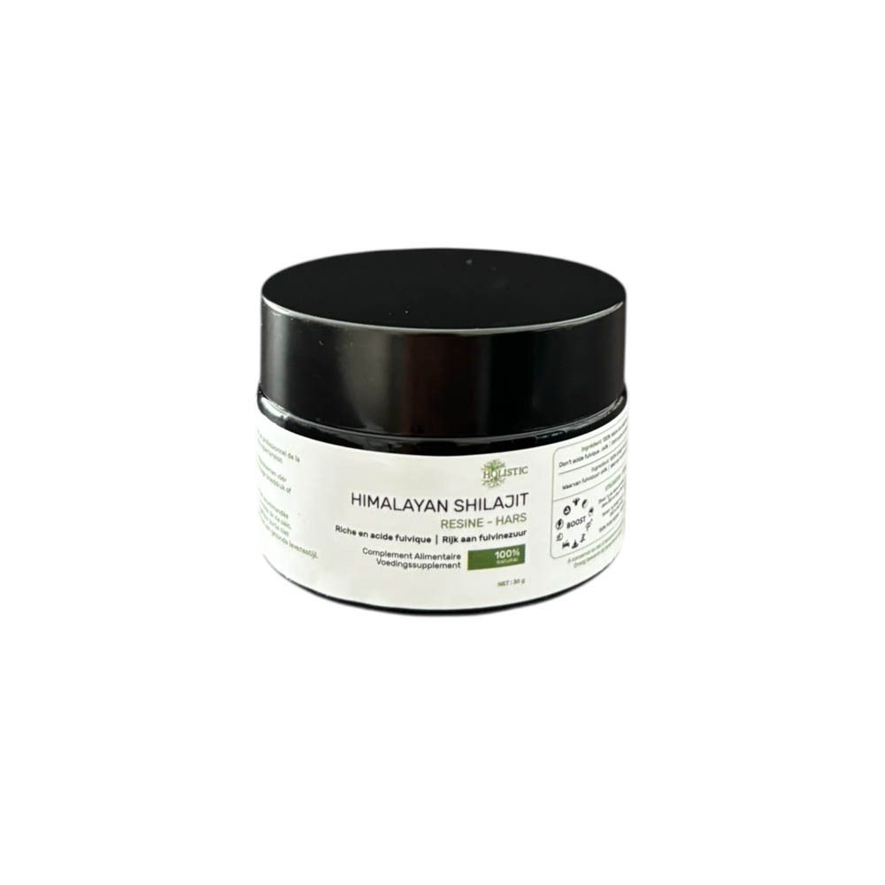 Pot noir "Holistic Himalayan Shilajit Résine". Étiquette avec texte. Fond blanc.