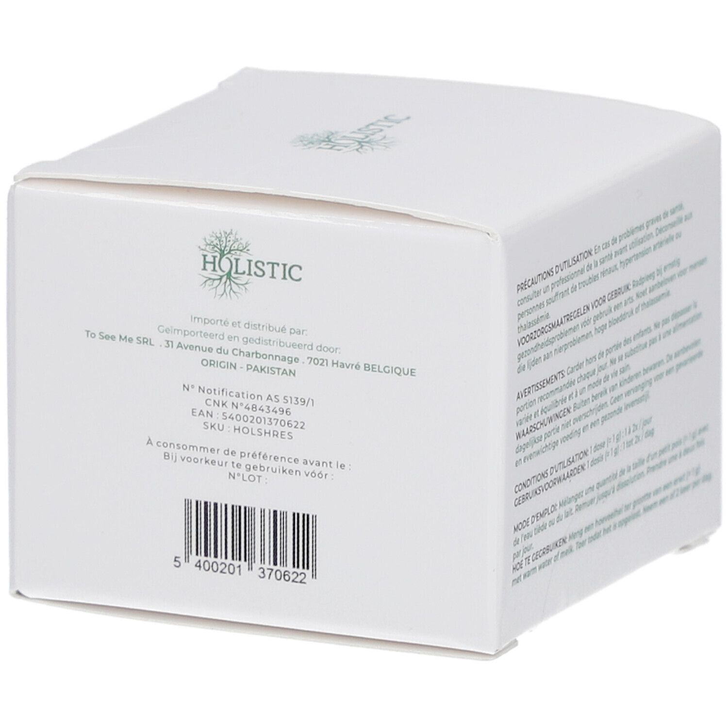 Dos de la boîte blanche avec informations fabricant et code-barres. Texte multilingue.
