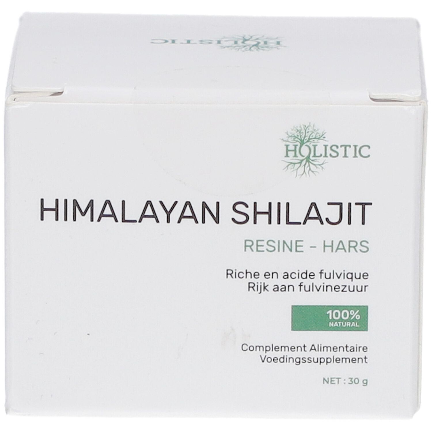 Boîte blanche "Holistic Himalayan Shilajit Résine". Texte en allemand, français et néerlandais.