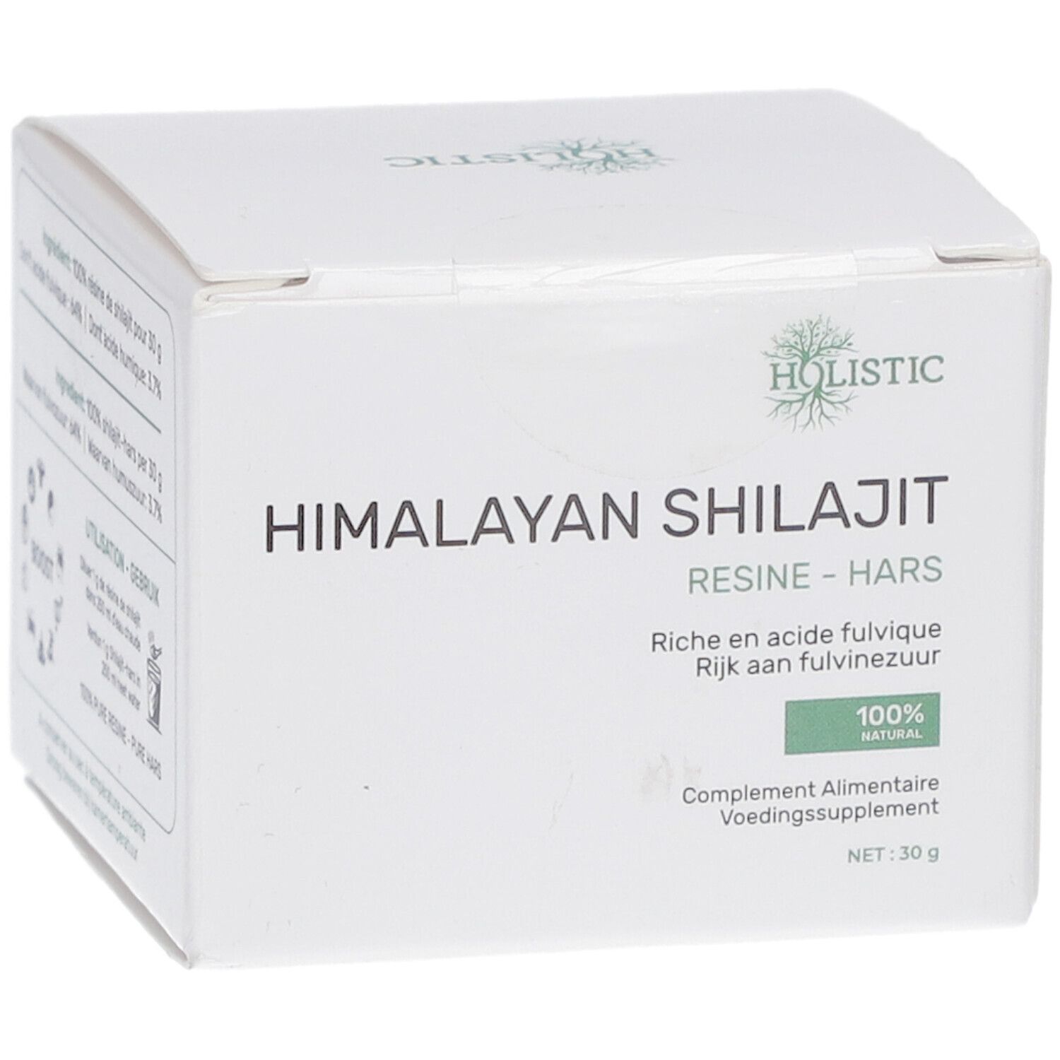 Boîte blanche "Holistic Himalayan Shilajit Résine". Texte en allemand, français et néerlandais.