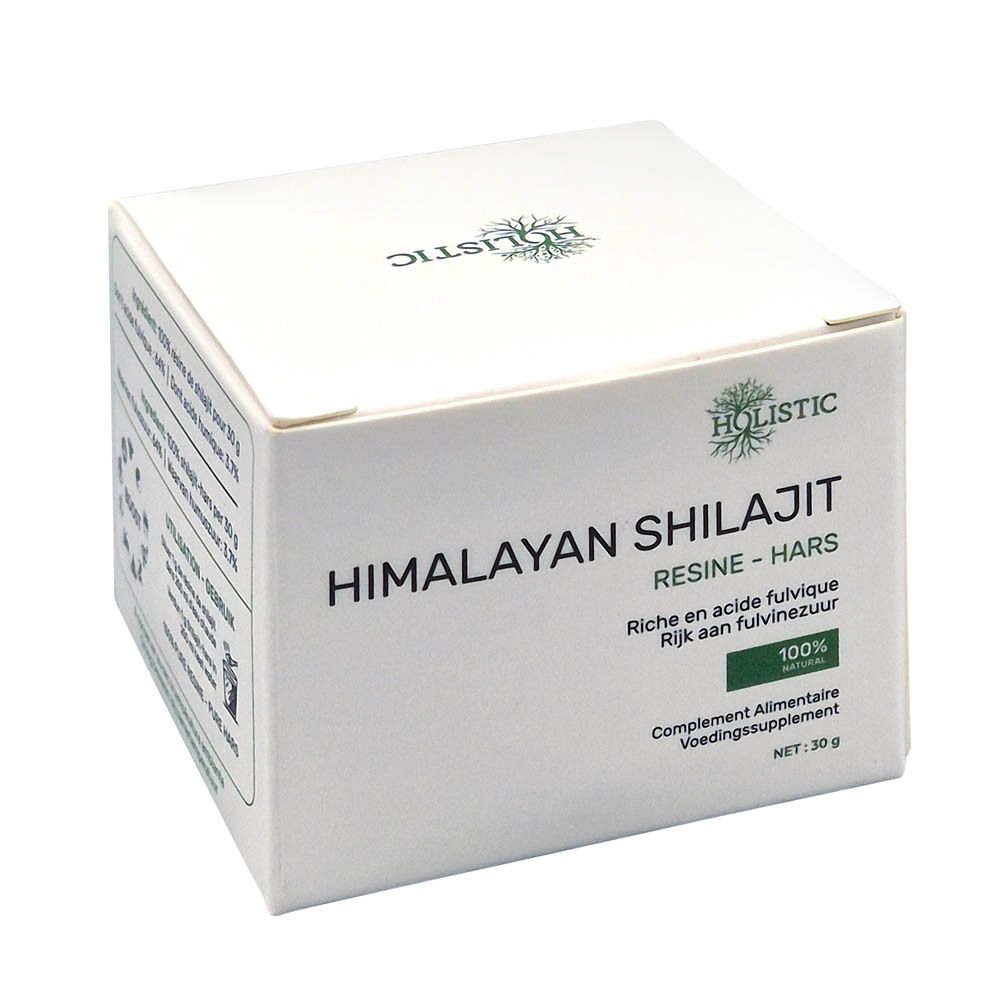 Boîte blanche "Holistic Himalayan Shilajit Résine". Texte en allemand, français et néerlandais.