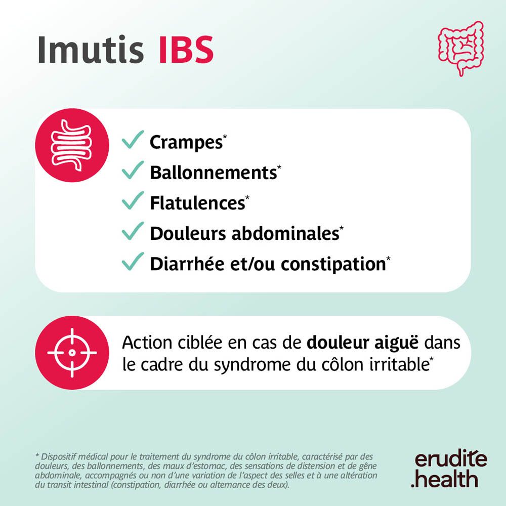 Emballage d'Imutis IBS avec informations sur les symptômes tels que crampes et ballonnements.