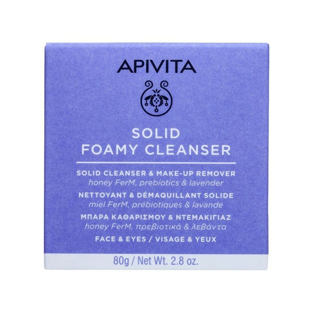 Face avant de la boîte lilas. Inscription : APIVITA, SOLID FOAMY CLEANSER. Texte multilingue. 80g/2.8 oz.