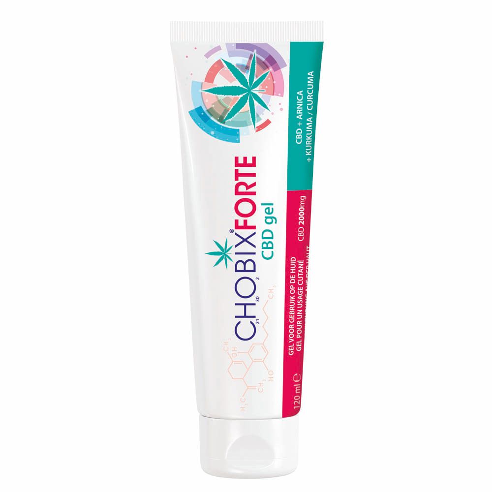 Tube de gel Chobix Forte CBD. Inscriptions: CBD Gel, CBD 2000mg, CBD + Arnica + Curcuma. 120 ml.