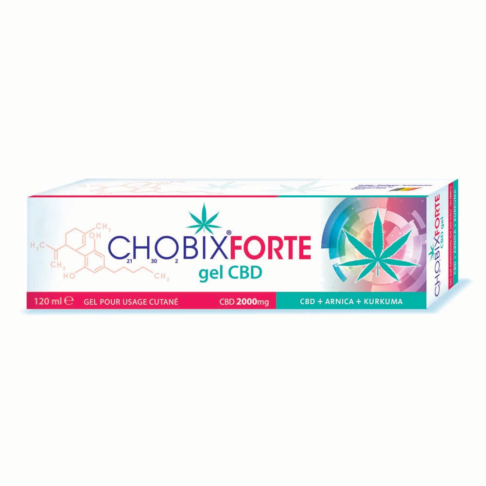 Boîte de gel Chobix Forte CBD. Inscriptions: CBD Gel, CBD 2000mg, CBD + Arnica + Curcuma. 120 ml.