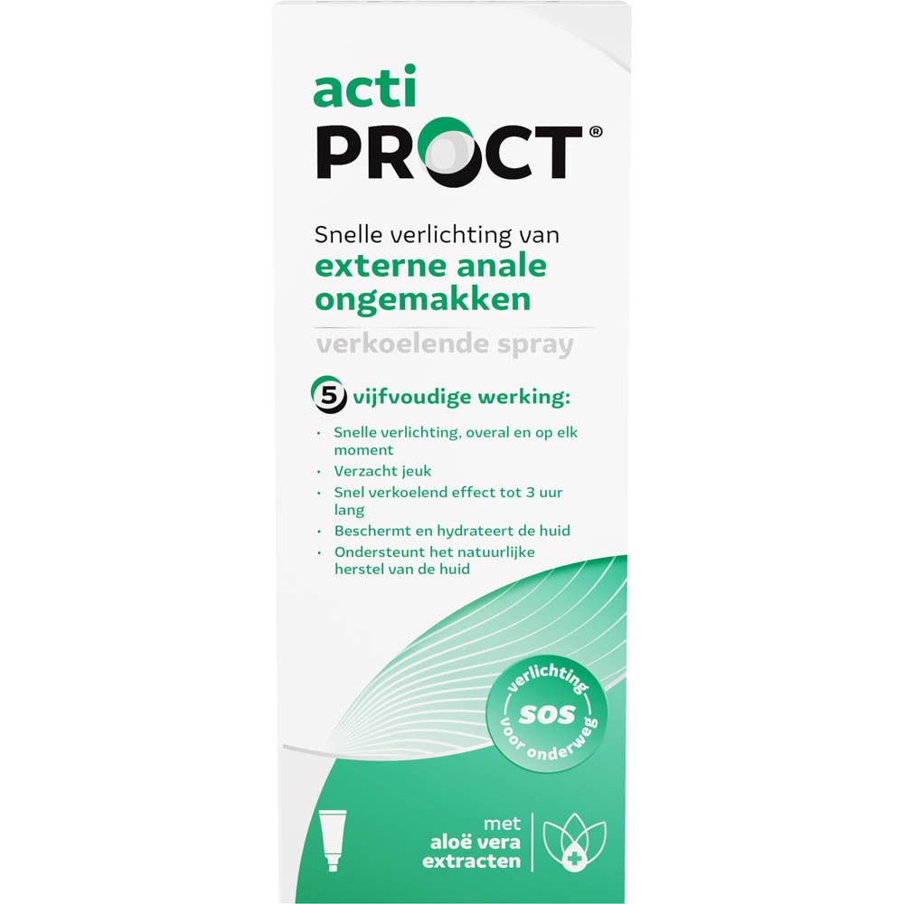 Emballage ActiProct Spray. Texte néerlandais. 5 actions. Extraits d'Aloe Vera.