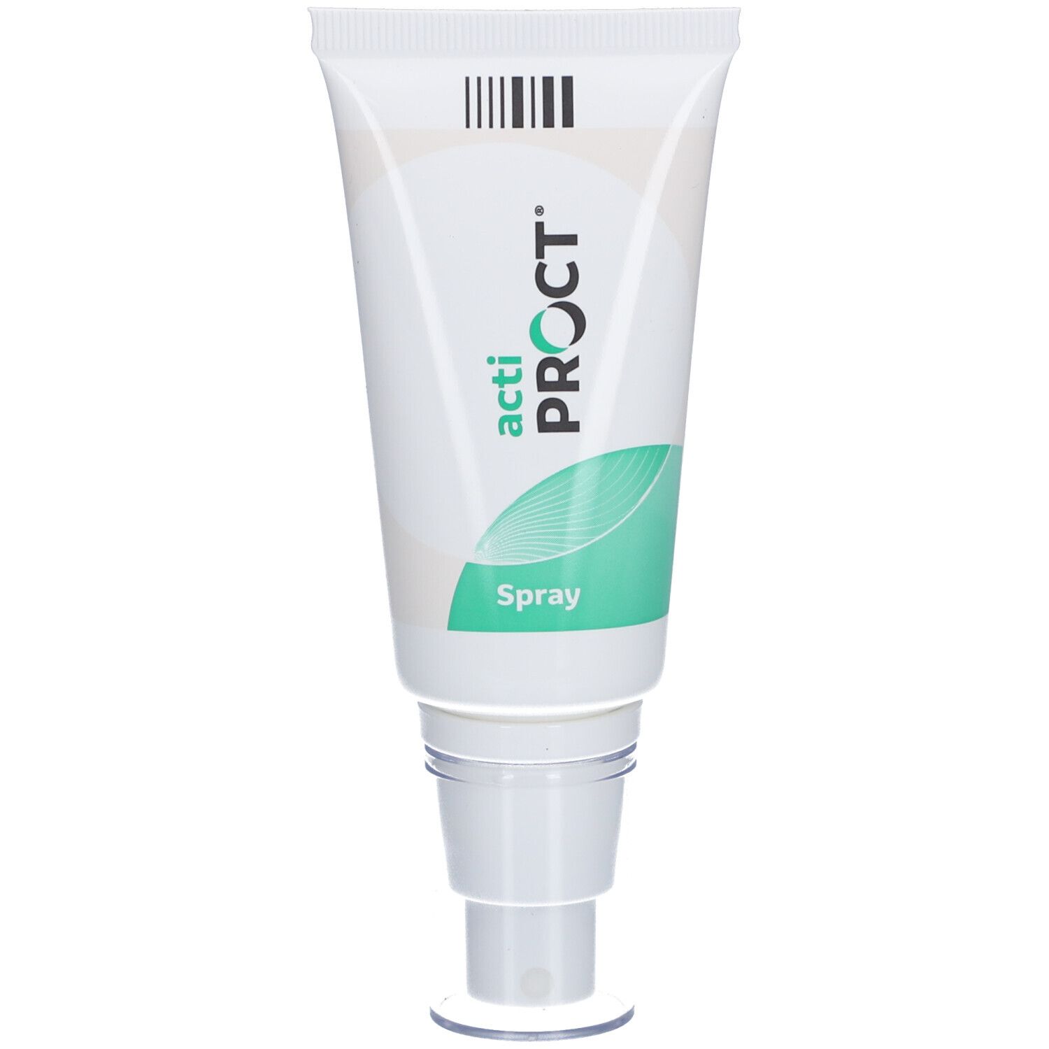 Tube de spray ActiProct. Blanc, accents verts. Tête de pulvérisation. Nom et logo du produit visibles.