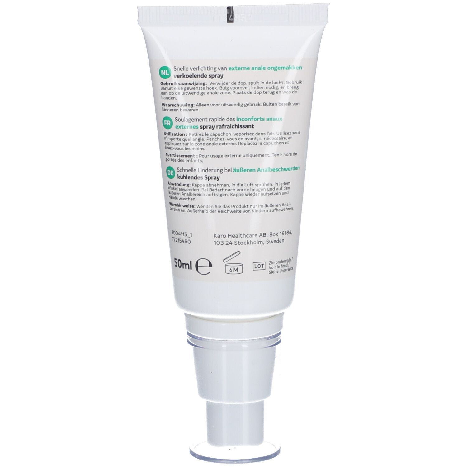 Dos du tube de spray ActiProct. Texte multilingue. 50ml. Informations fabricant.
