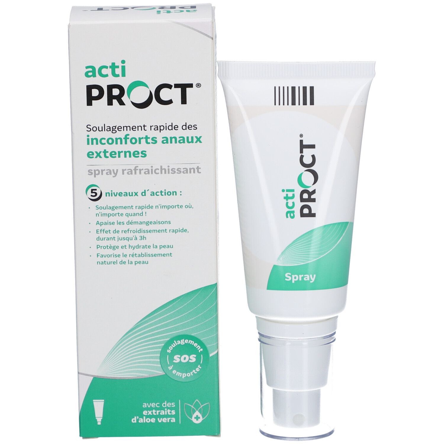 ActiProct Spray et emballage. Blanc avec accents verts. Nom et logo du produit. Avec Aloe Vera.