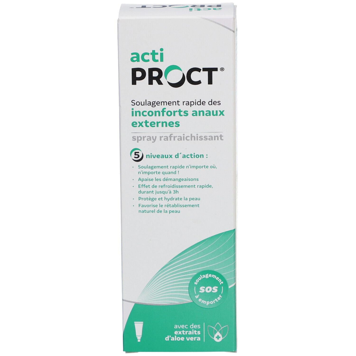 Emballage de ActiProct Spray. Blanc avec accents verts. Nom et logo du produit. Avec Aloe Vera.