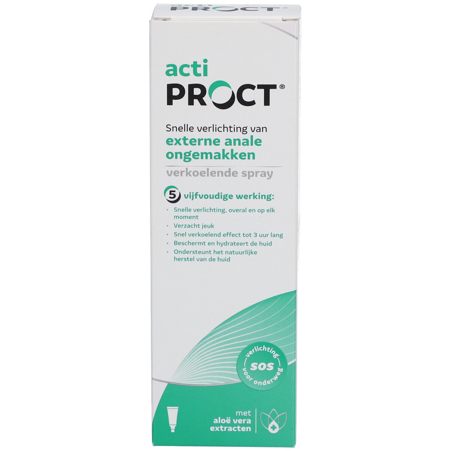 Emballage ActiProct Spray. Texte néerlandais. 5 actions. Extraits d'Aloe Vera.