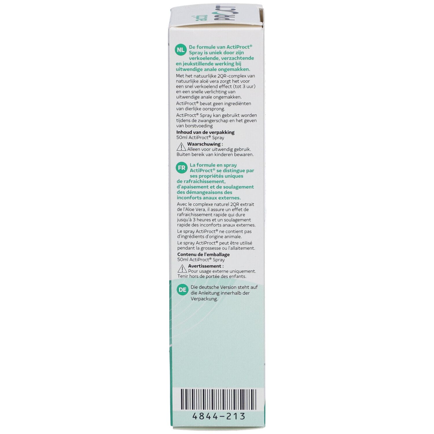 Dos de l'emballage ActiProct Spray. Texte néerlandais. 50ml. Avertissement. Code-barres.