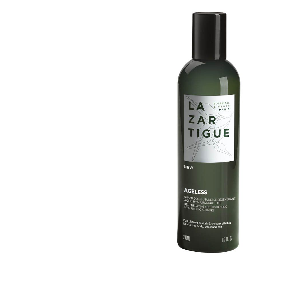 Flacon vert, bouchon noir. Inscription: Lazartigue, Ageless Shampooing Jeunesse Régénérant.
