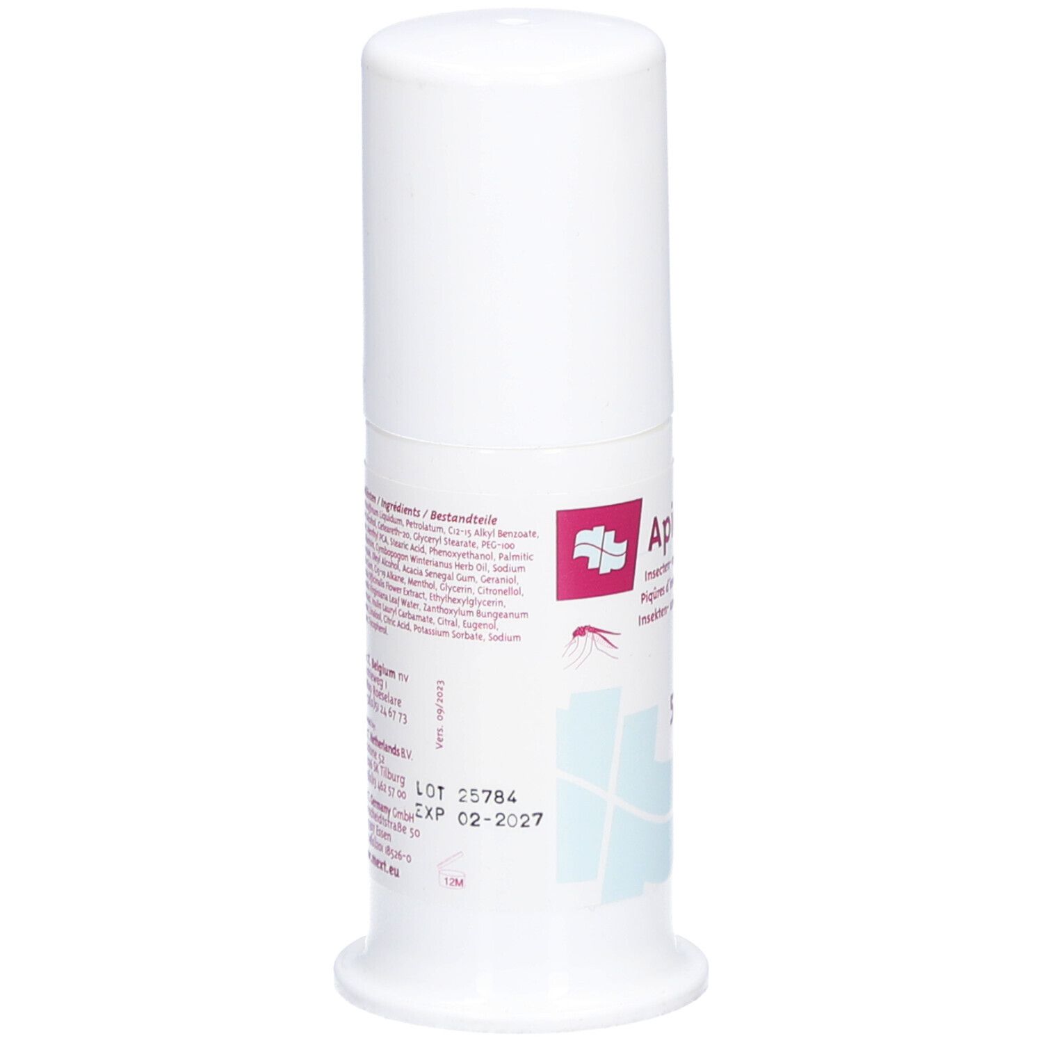 Flacon cylindrique blanc avec bouchon blanc. Dos avec texte, ingrédients et informations du fabricant. Produit contre les piqûres d'insectes et de méduses.