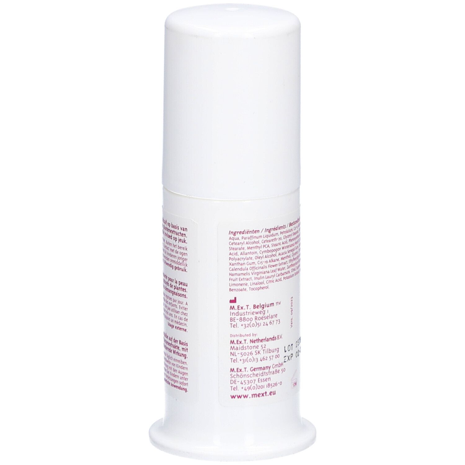 Flacon cylindrique blanc avec bouchon blanc. Dos avec texte, ingrédients et informations du fabricant. Produit contre les piqûres d'insectes et de méduses.