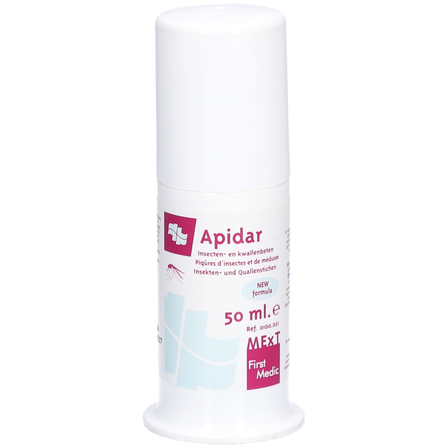 Flacon cylindrique blanc avec bouchon blanc. Inscription: Apidar, 50 ml, MExT, First Medic. Produit contre les piqûres d'insectes et de méduses.