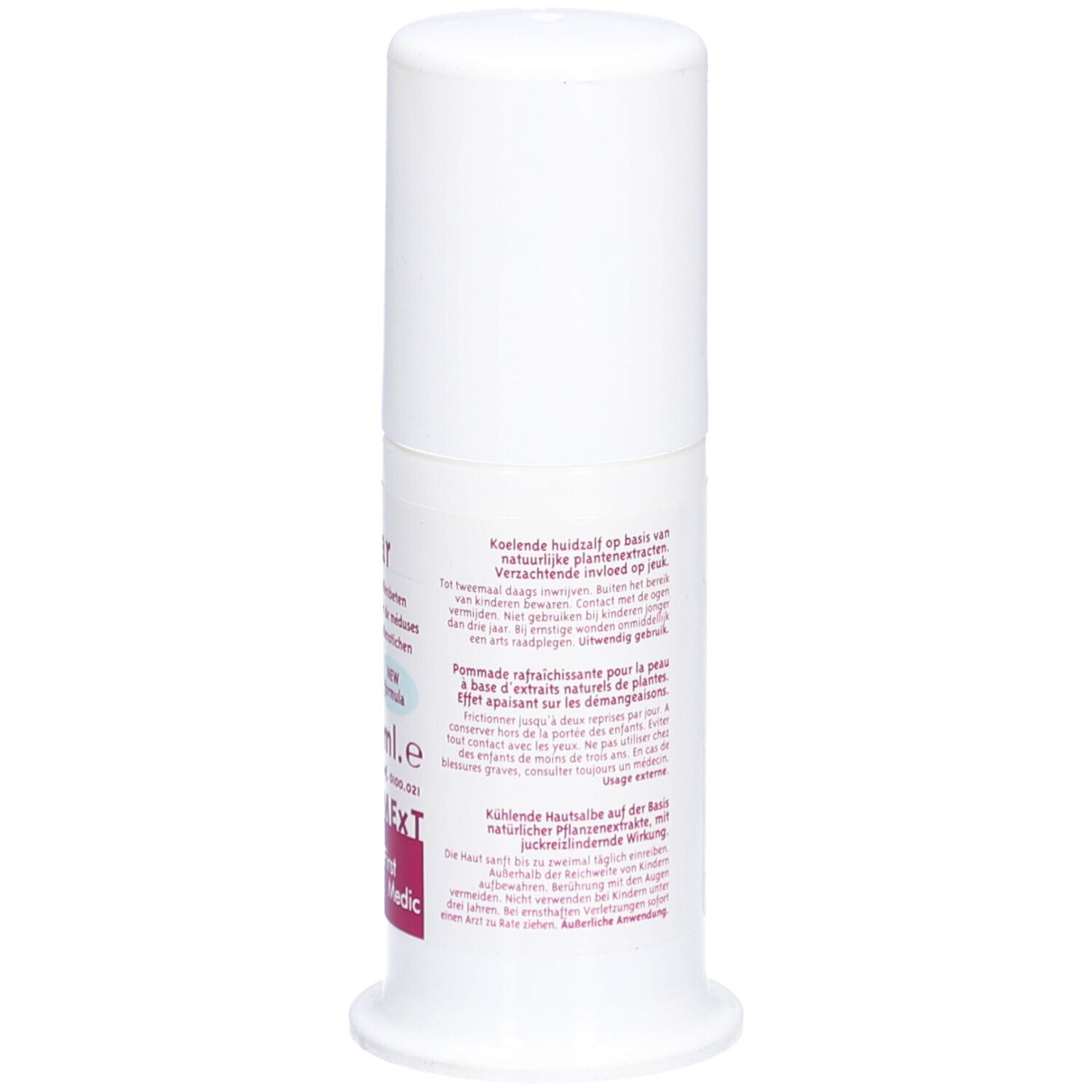 Flacon cylindrique blanc avec bouchon blanc. Dos avec texte, ingrédients et informations du fabricant. Produit contre les piqûres d'insectes et de méduses.