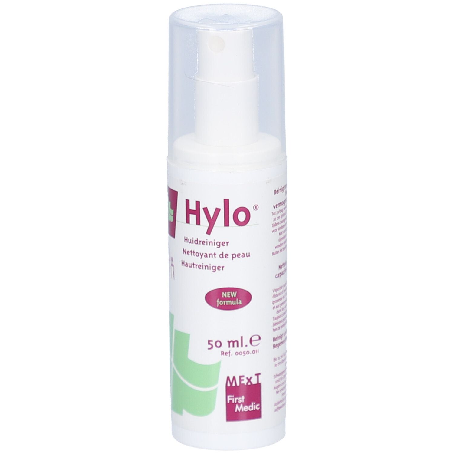 Flacon spray blanc avec bouchon transparent. Inscription: Hylo, Nettoyant de peau, 50 ml. Logo: croix verte. Impression: New Formula.