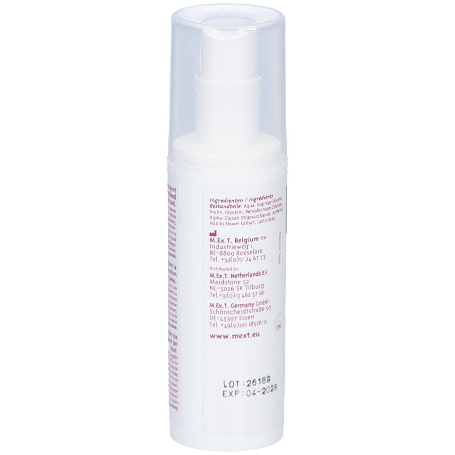 Flacon spray blanc avec bouchon transparent. Dos avec ingrédients, adresse du fabricant et numéro de lot.