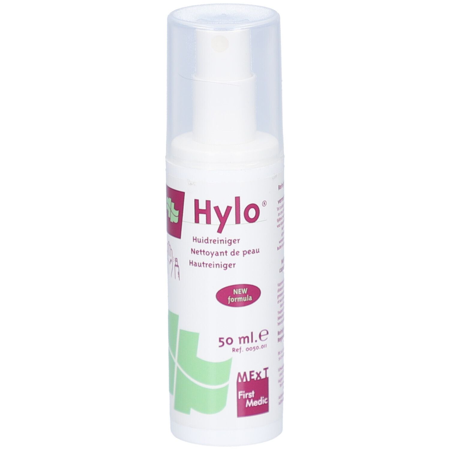 Flacon spray blanc avec bouchon transparent. Inscription: Hylo, Nettoyant de peau, 50 ml. Logo: croix verte. Impression: New Formula.