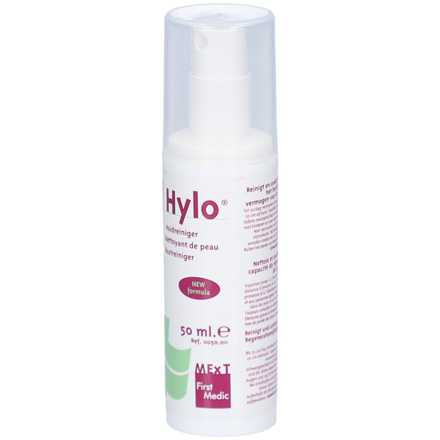 Flacon spray blanc avec bouchon transparent. Inscription: Hylo, Nettoyant de peau, 50 ml. Logo: croix verte. Impression: New Formula.