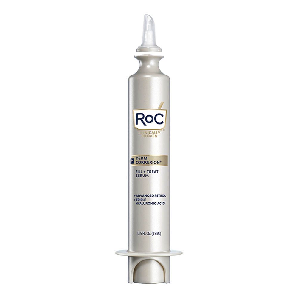 Flacon de sérum RoC Derm Correxion. Flacon gris avec applicateur. Contient du rétinol et de l'acide hyaluronique. 0,5 fl oz (15 ml).