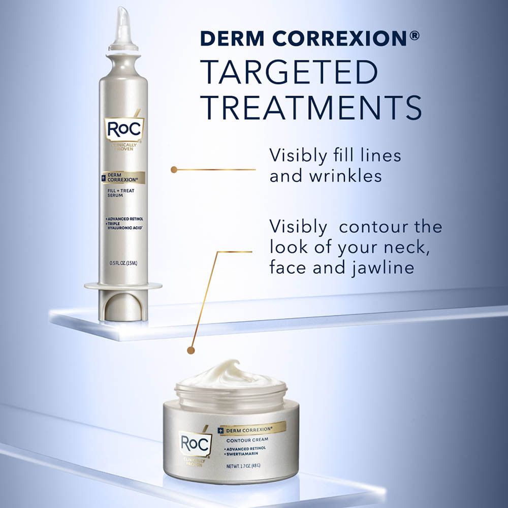 Image du produit. Sérum et crème RoC Derm Correxion. Montre des traitements ciblés pour les rides et les contours.