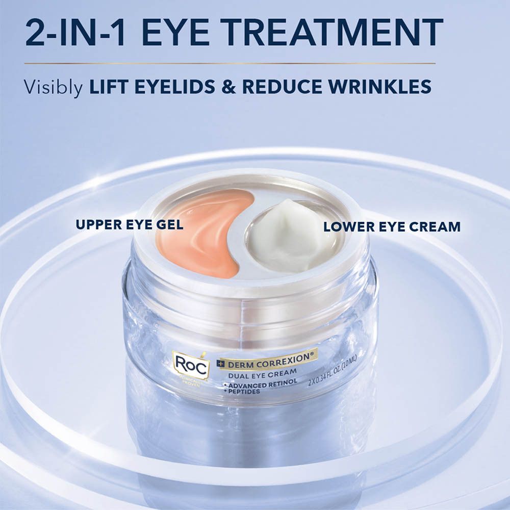 Produit dans un pot en verre. Deux compartiments avec crème et gel. Texte: Soin des yeux 2-en-1.