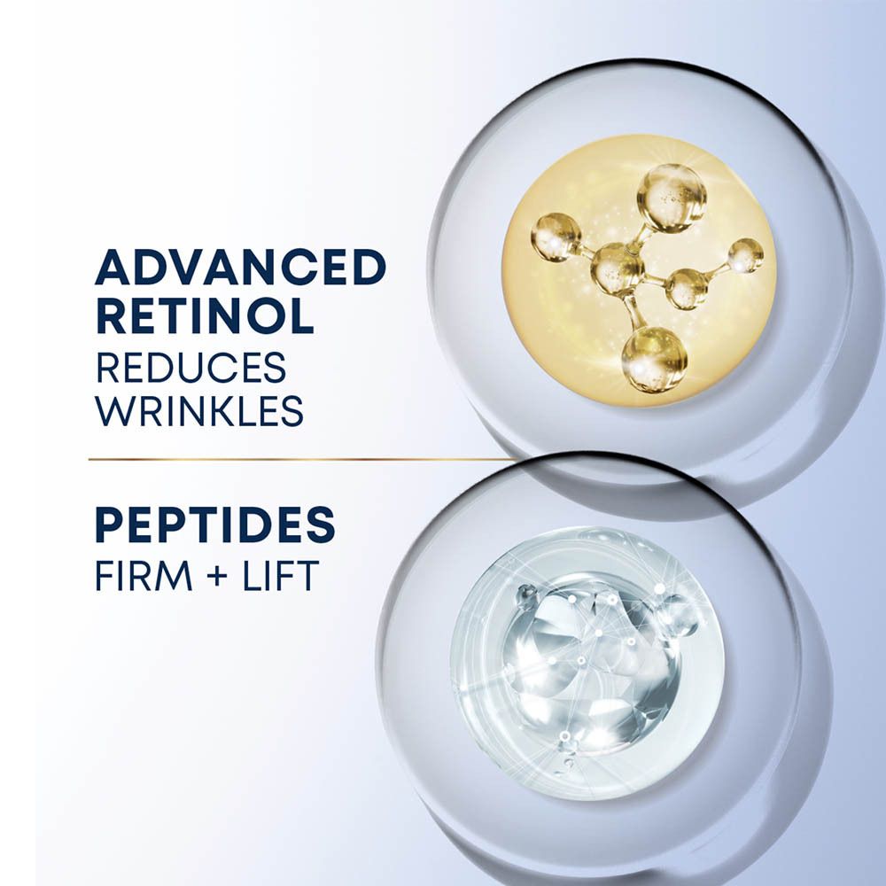 Graphique avec composants du produit. Texte: Rétinol avancé réduit les rides. Peptides raffermissent et liftent.