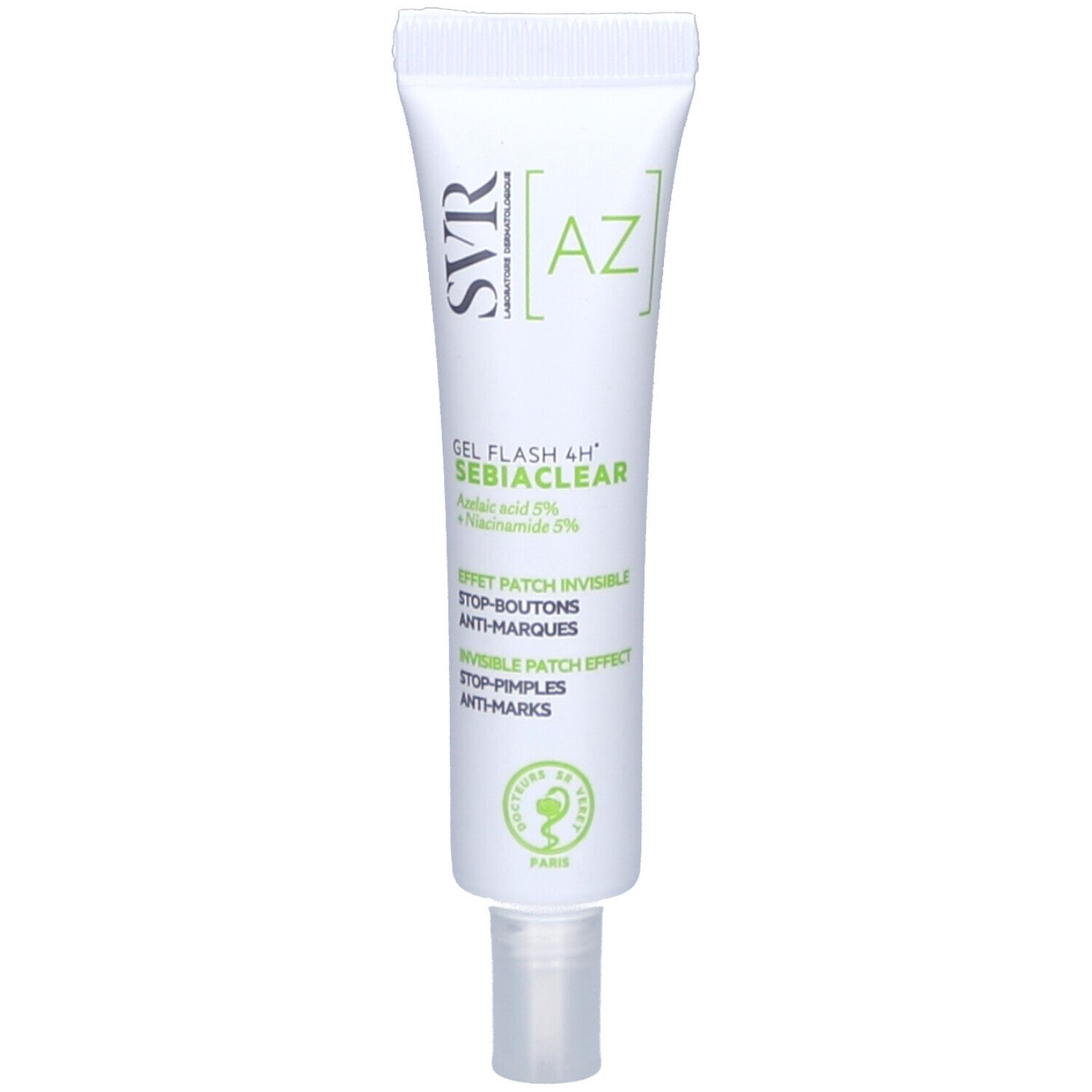 Tube blanche avec impression verte. Contient Gel Flash 4H Sebiaclear. Marque SVR. Avec applicateur.