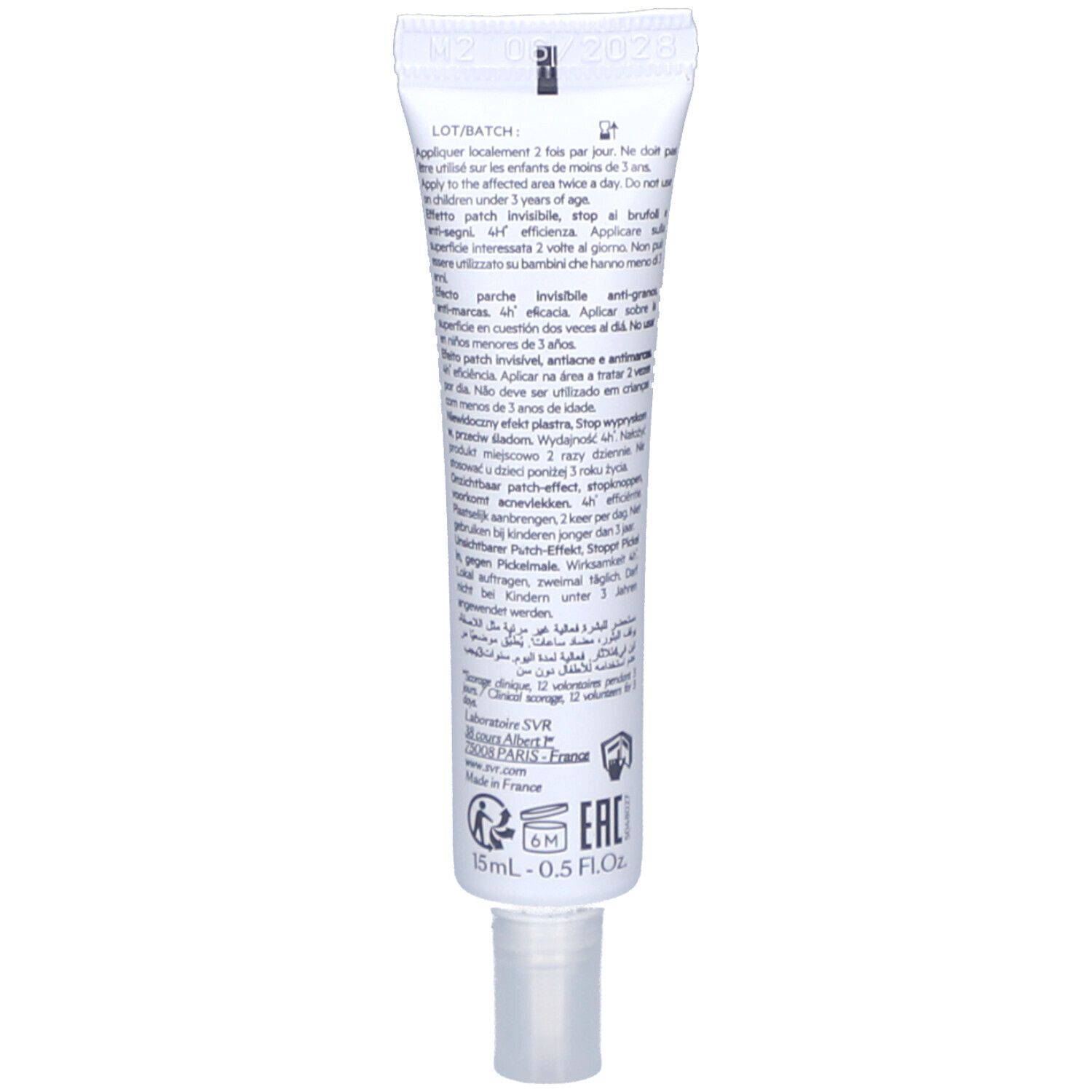 Dos du tube blanc. Texte en plusieurs langues. Contient des informations sur l'utilisation et les ingrédients.