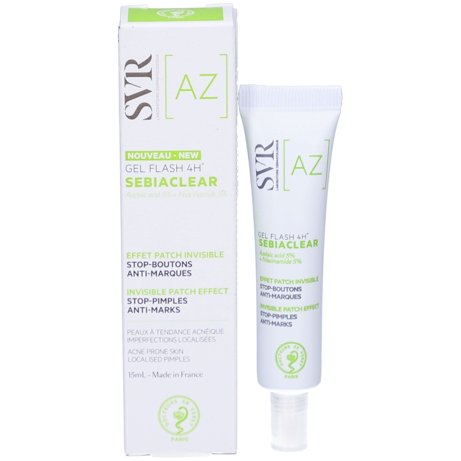 Emballage du produit avec tube. Boîte blanche et tube avec impression verte. Marque SVR. Contient Gel Flash 4H Sebiaclear.