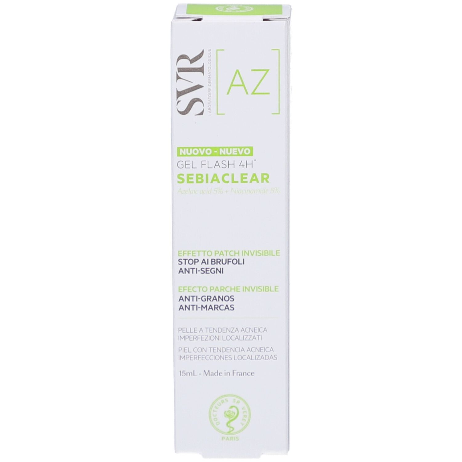 Boîte blanche avec impression verte. Contient Gel Flash 4H Sebiaclear. Marque SVR. Texte en italien.
