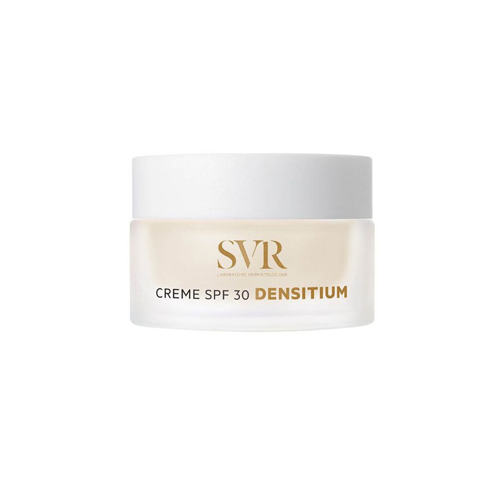 Pot de crème avec couvercle blanc. Inscription SVR, CREME SPF 30 DENSITIUM sur le pot.