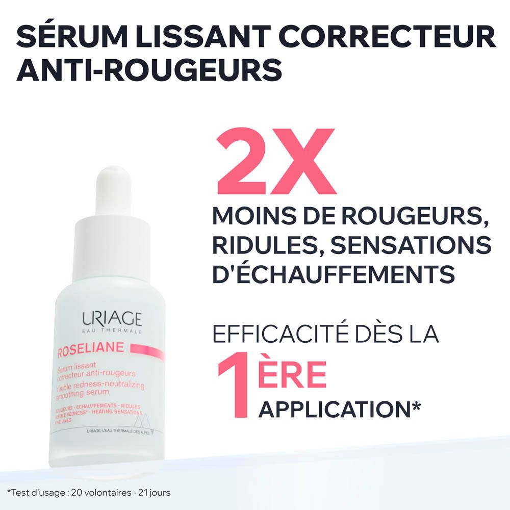 Sérum Uriage Roséliane. Produit avec pipette. Texte: 2x moins de rougeurs, rides, échauffements. Efficacité dès 1ère application.