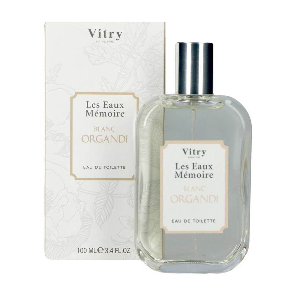 Flacon en verre avec bouchon argenté et boîte. Inscription: Vitry, Les Eaux Mémoire, Blanc Organdi, Eau de Toilette. 100 ml.