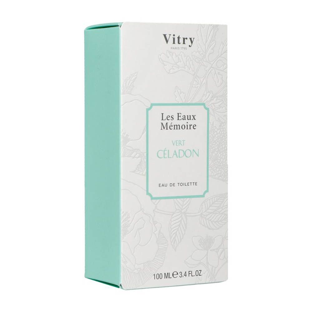 Boîte de Vitry Eau de Toilette Celadongrün. Blanc et turquoise. Texte: Les Eaux Mémoire, Vert Céladon, Eau de Toilette.