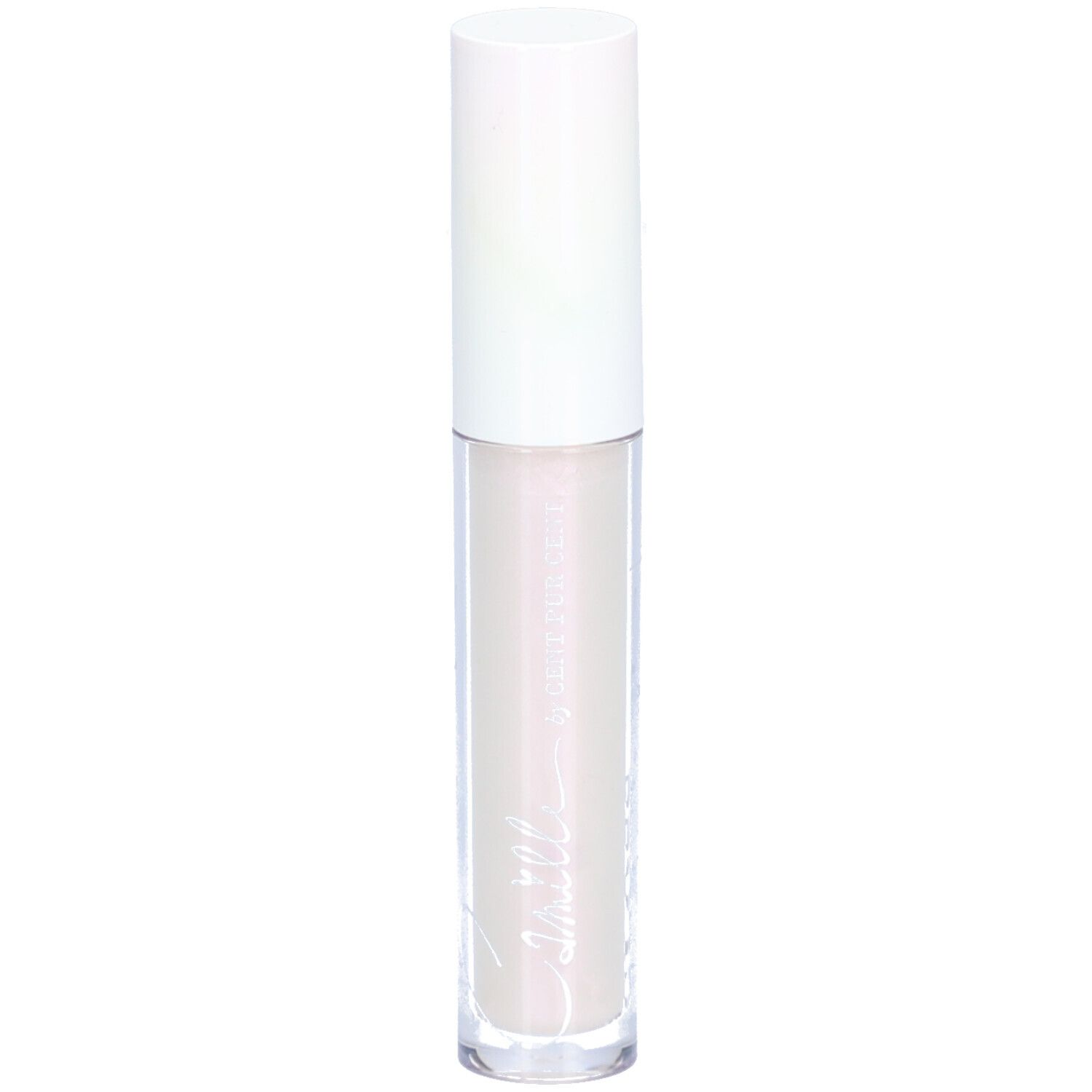 Tube de gloss à lèvres avec bouchon blanc. Tube transparent avec contenu clair. Inscription Camille.