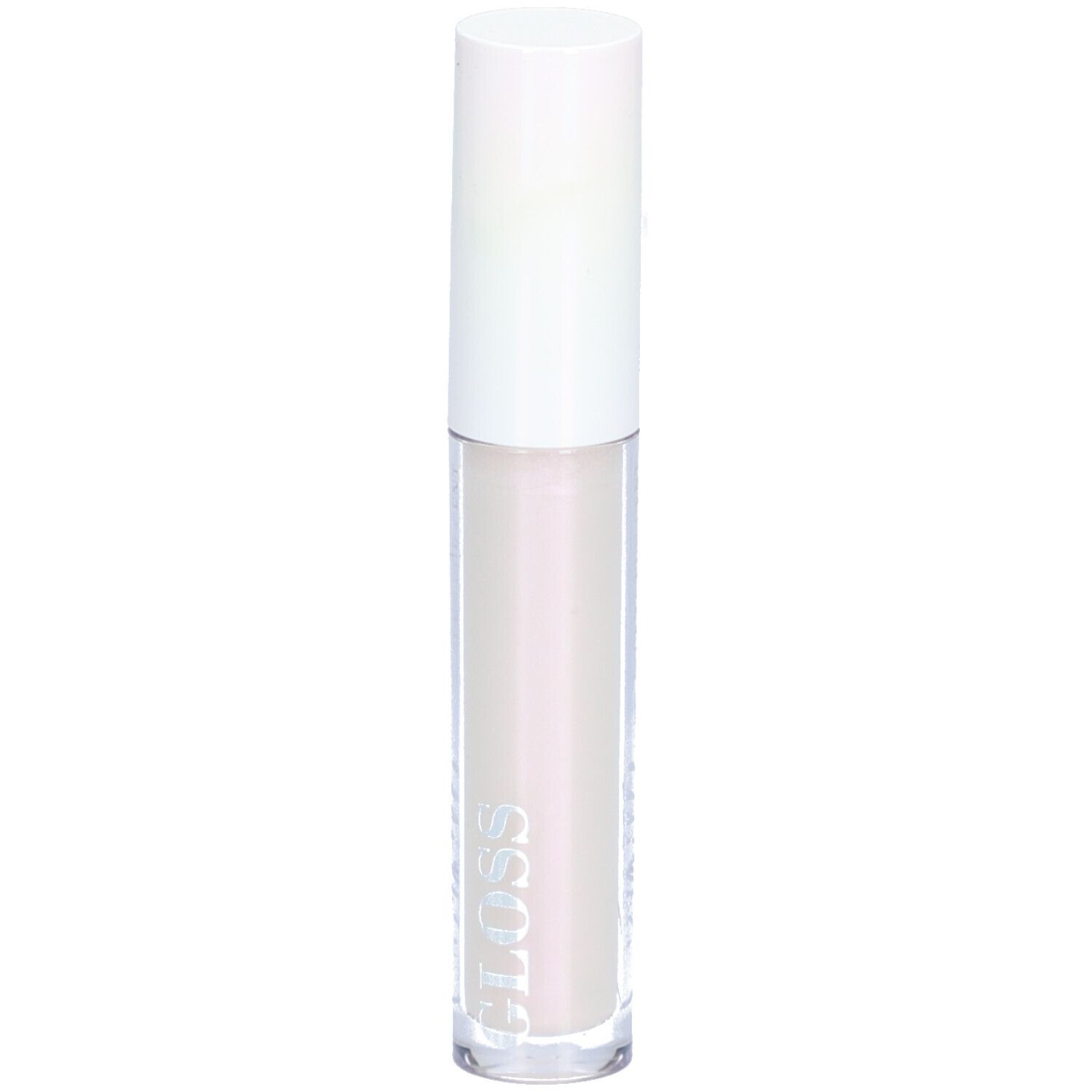 Tube de gloss à lèvres avec bouchon blanc. Tube transparent avec contenu clair. Inscription GLOSS.