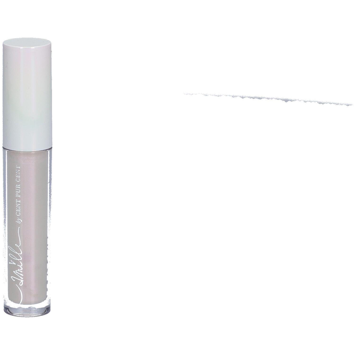 Tube de gloss à lèvres avec bouchon blanc. Tube transparent avec contenu clair. Inscription Camille.
