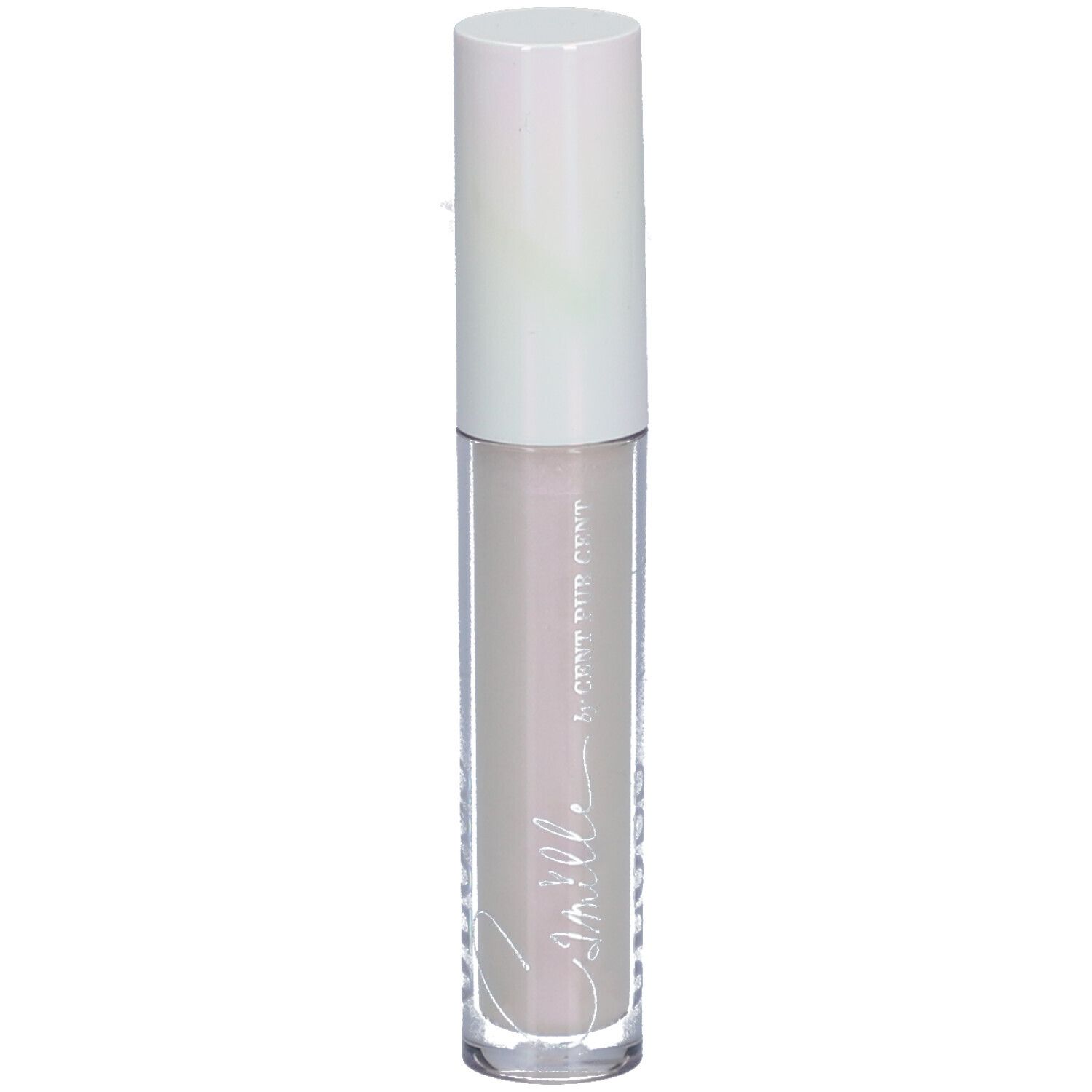 Tube de gloss à lèvres avec bouchon blanc. Tube transparent avec contenu clair. Inscription Camille.
