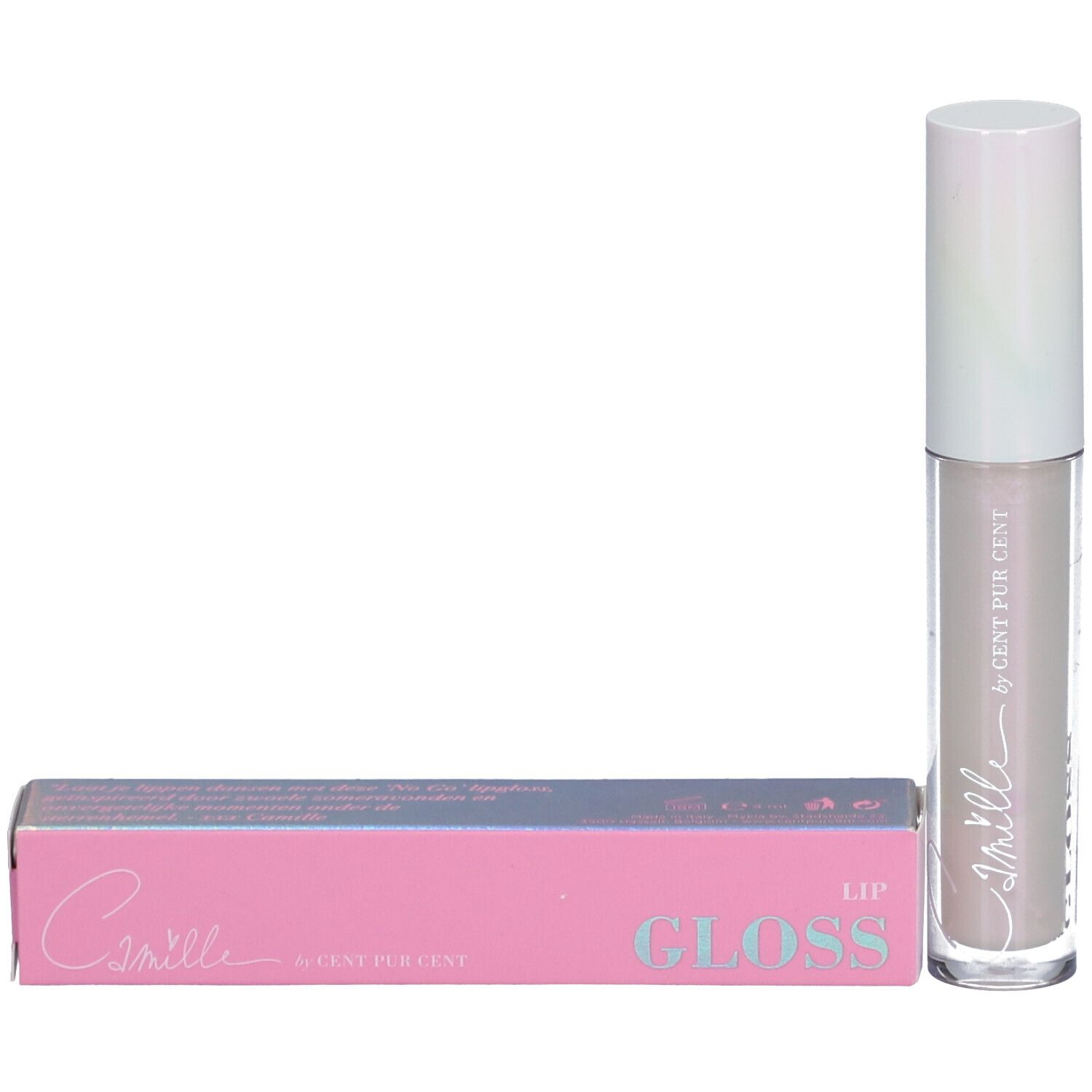 Tube de gloss et emballage. Tube avec bouchon blanc. Emballage rose avec inscription Camille.