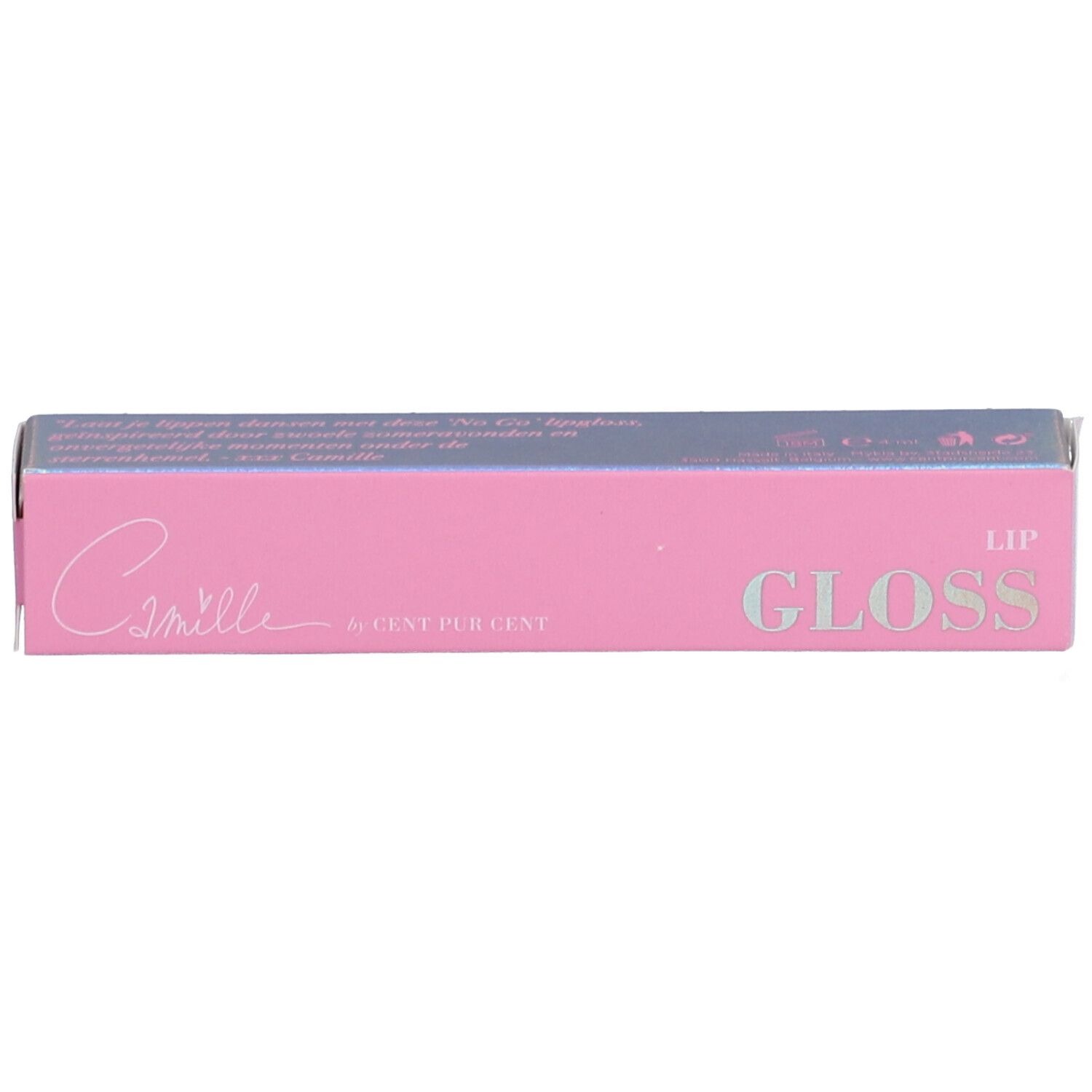 Emballage rose avec inscription Camille et GLOSS. Texte en blanc.