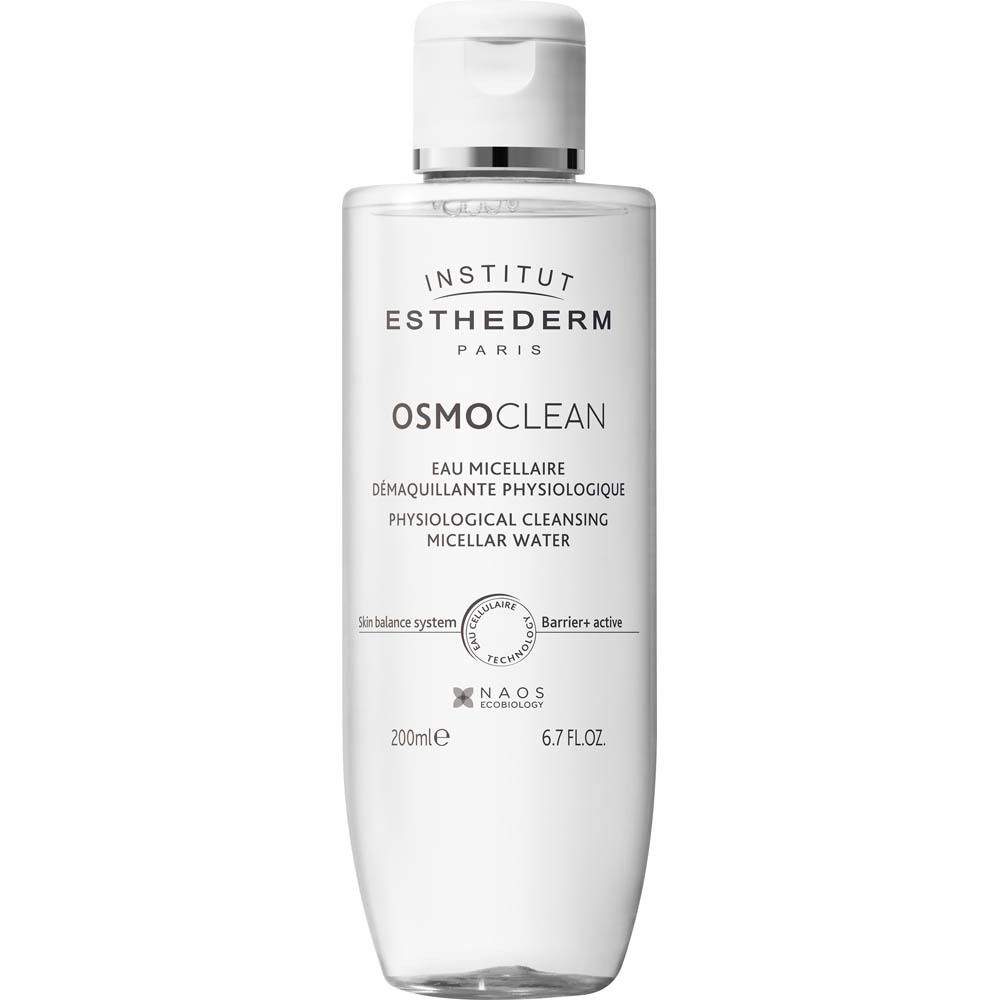 Flacon transparent avec bouchon blanc. Inscriptions: Institut Esthederm, Osmoclean, Eau Micellaire Démaquillante Physiologique, Micellar Water.