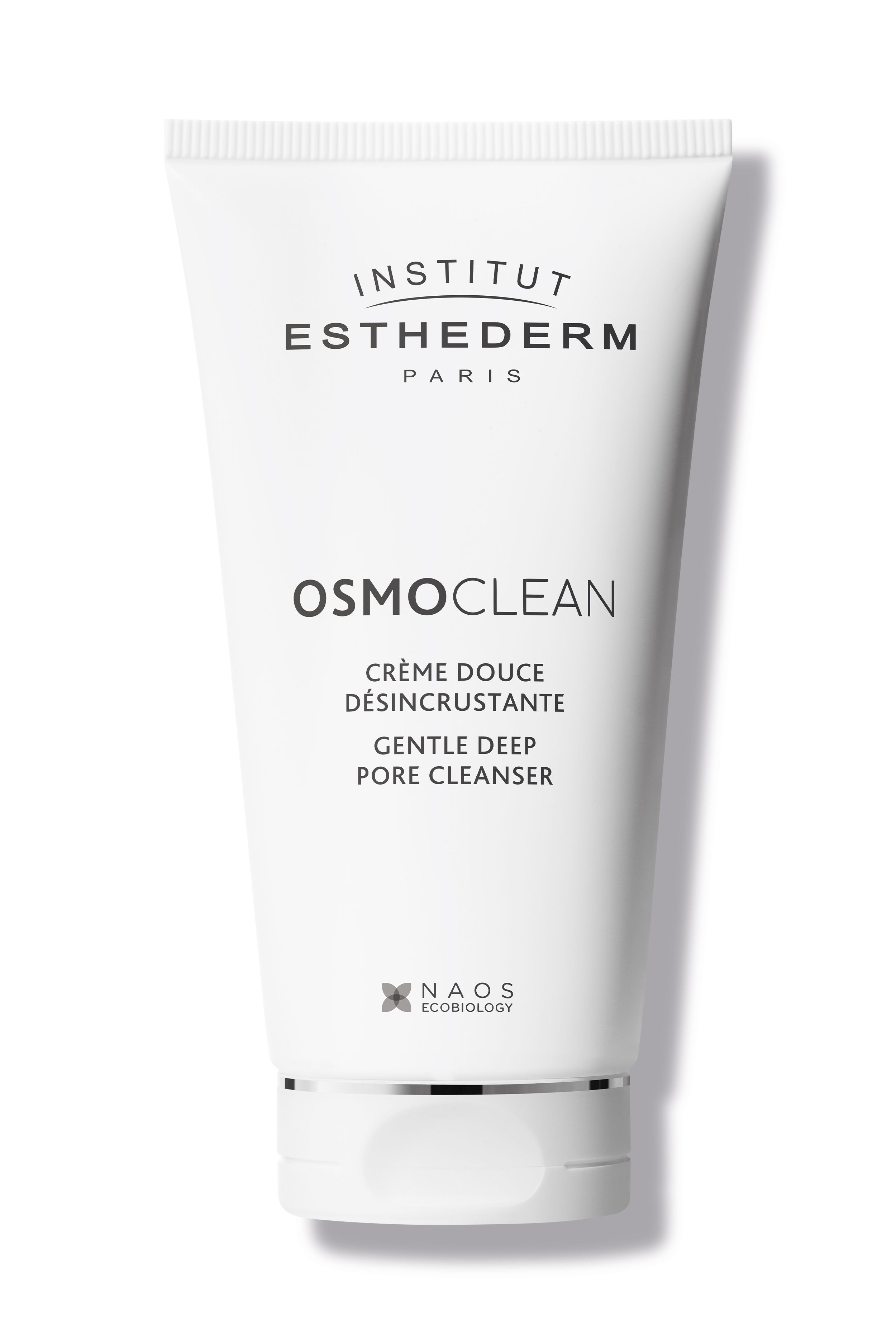 Tube blanc avec inscriptions: INSTITUT ESTHEDERM PARIS, OSMOCLEAN, Crème Douce Désincrustante, Gentle Deep Pore Cleanser.